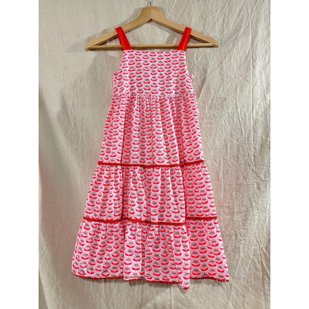 Mini Boden Girls Pink Orange Floral Tiered Cotton Sundress Size 7-8Y G0512